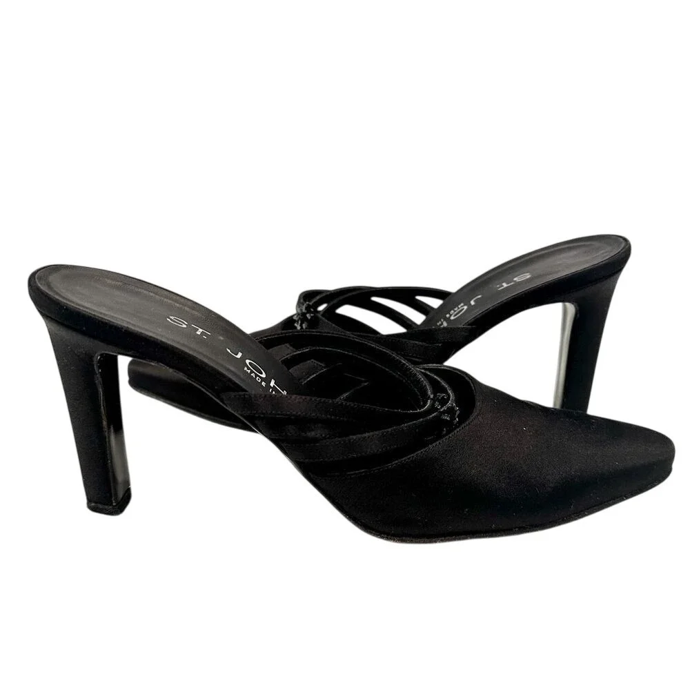 St. John Satin Pumps Floral Rhinestones Women's 7B Black Strappy Mule‎ Vintage